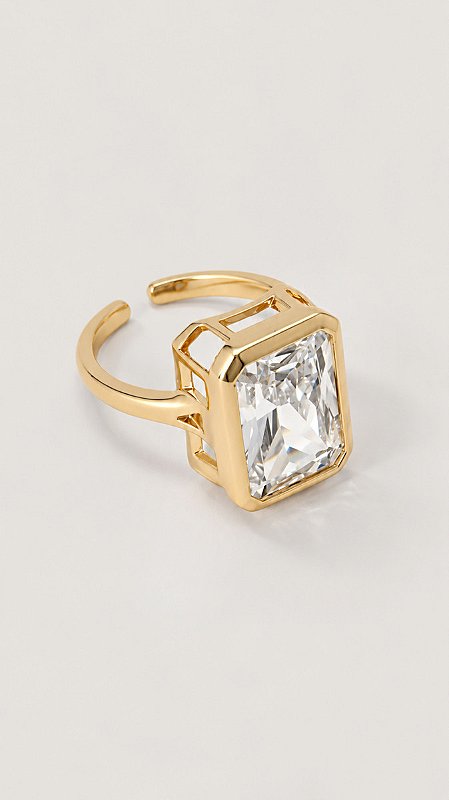 Anel Zircônia Lapidação Esmeralda Banho Ouro 18K Ajustável